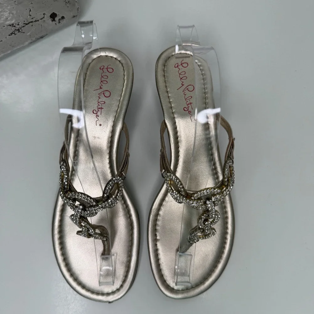 Lilly‎ Pulitzer Wedge Sandals Womens Gold Rhinestone Chain Resort Glam Size 6